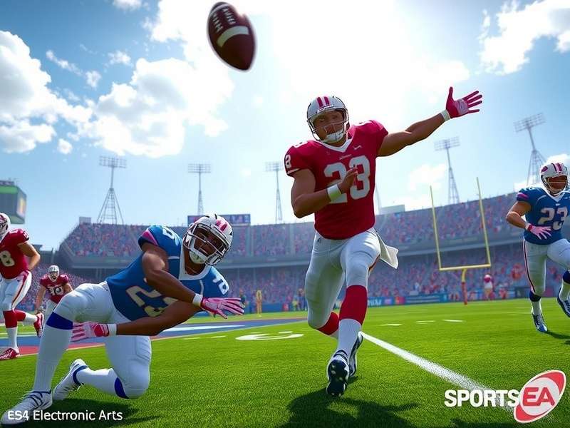 EA SPORTS College Football 26 gameplay screenshot showing a dramatic touchdown catch in a packed stadium