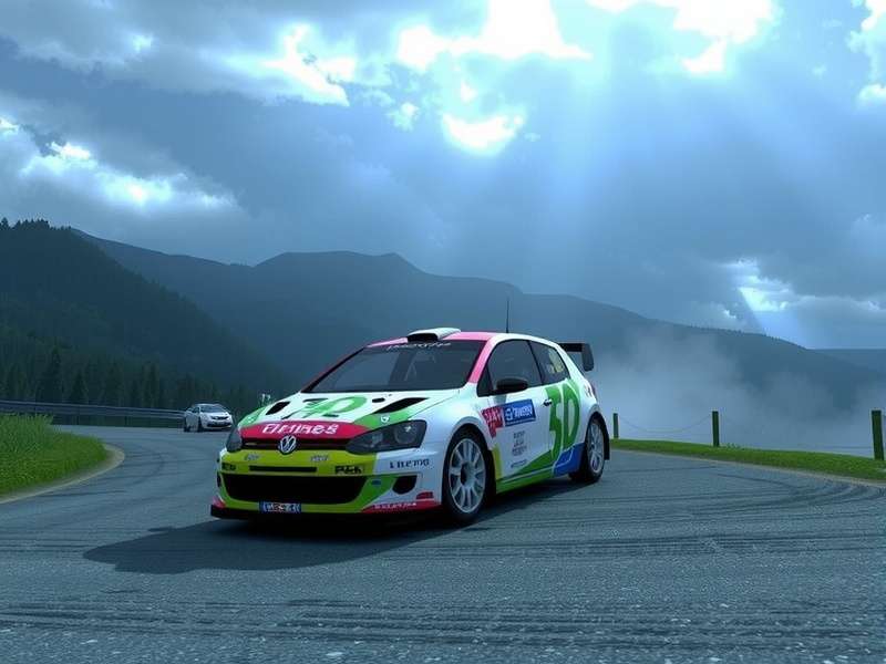 Rally car navigating a narrow, snow-covered mountain pass at night