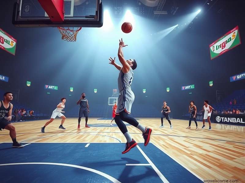 Dynamic in-game screenshot from EA Sports College Basketball showing a player driving to the basket in a detailed arena