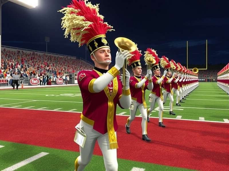 EA Sports College Football 26 Marching Band halftime show featuring university band on the field with stadium crowd